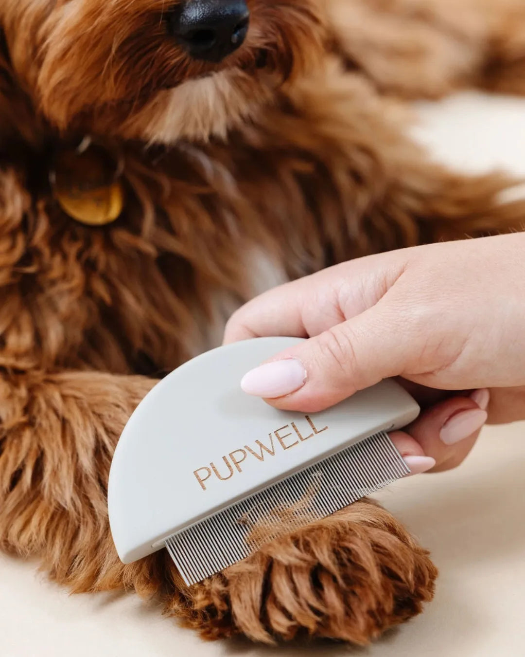 Person using a PUPWELL pet grooming brush on a dog's fur.