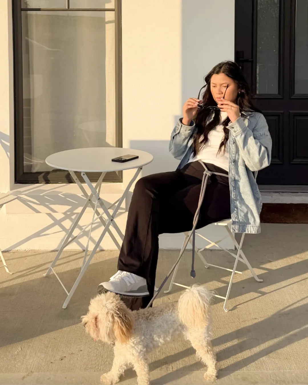 Woman sitting on a chair with a small dog on a luxury grey handsfree lead in front of her on a sunny day.