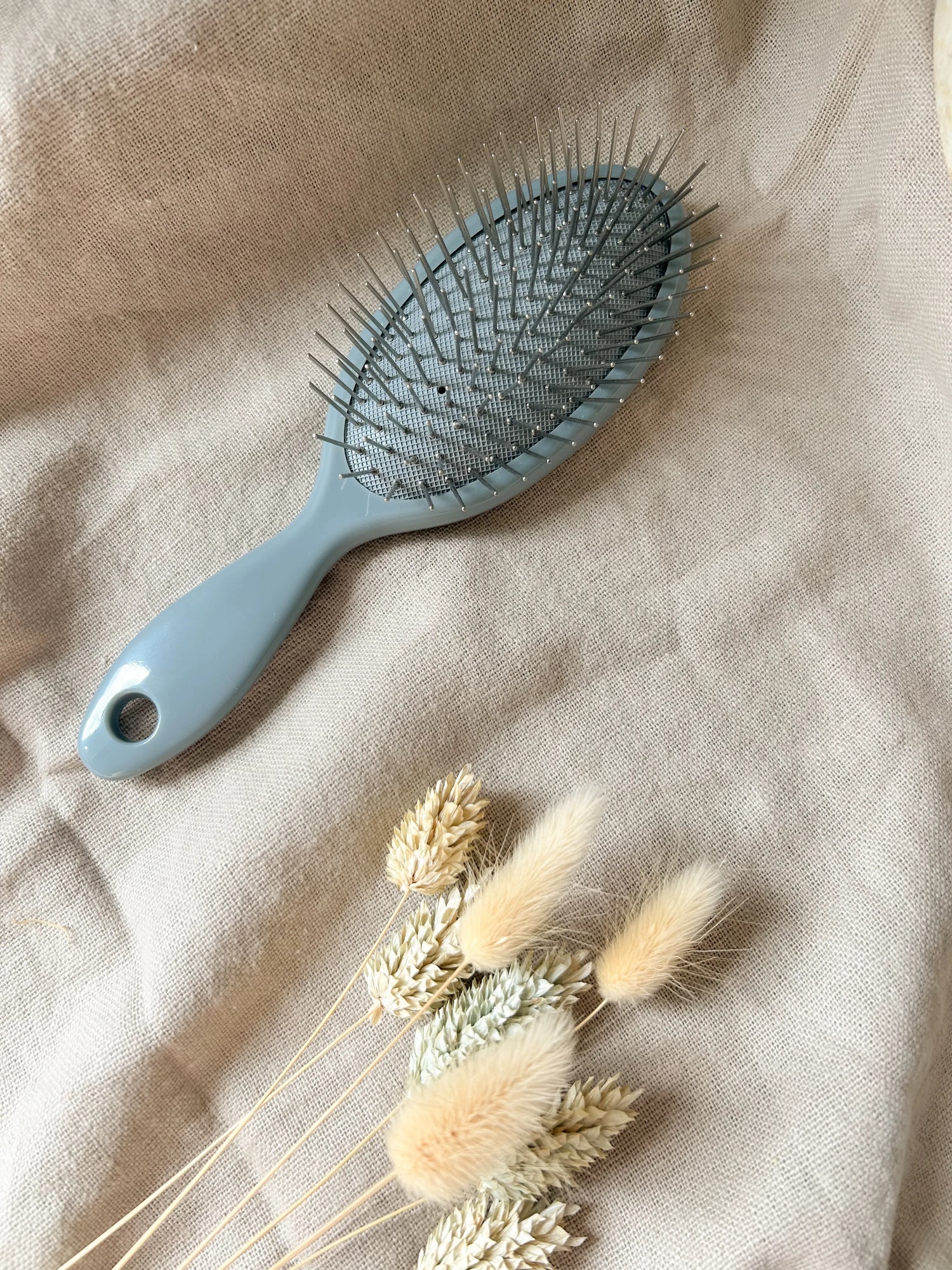 Grey dog hairbrush on beige linen background with dried flowers