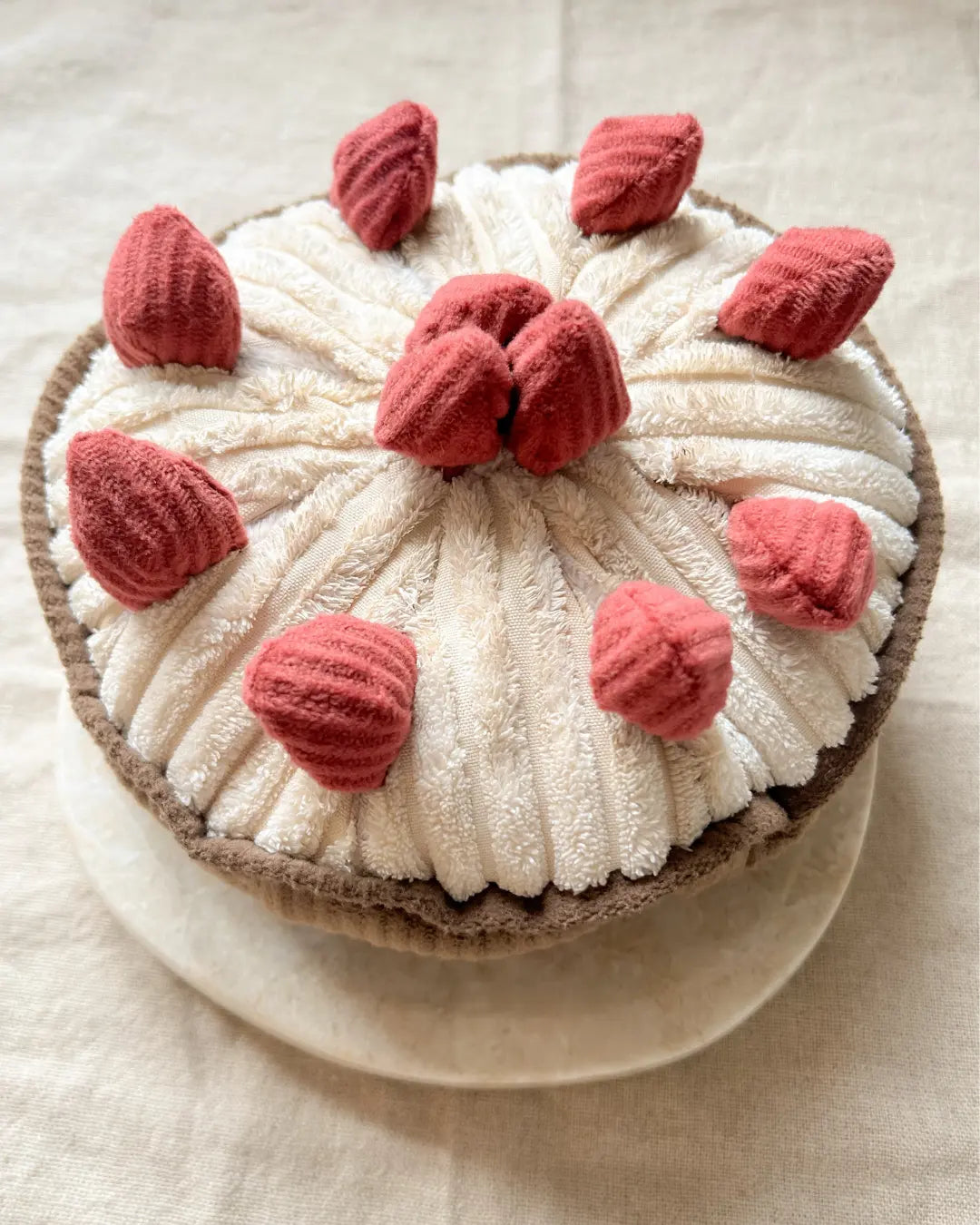 Plush textured dog toy cake with red berries on a light background