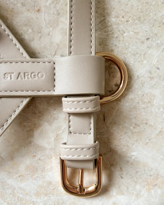 Close-up of beige vegan leather, luxury dog harness with gold buckle on a textured beige background