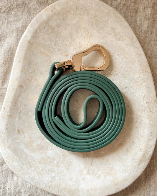 Luxury dark green vegan leather dog lead with a gold clip on a beige stone surface