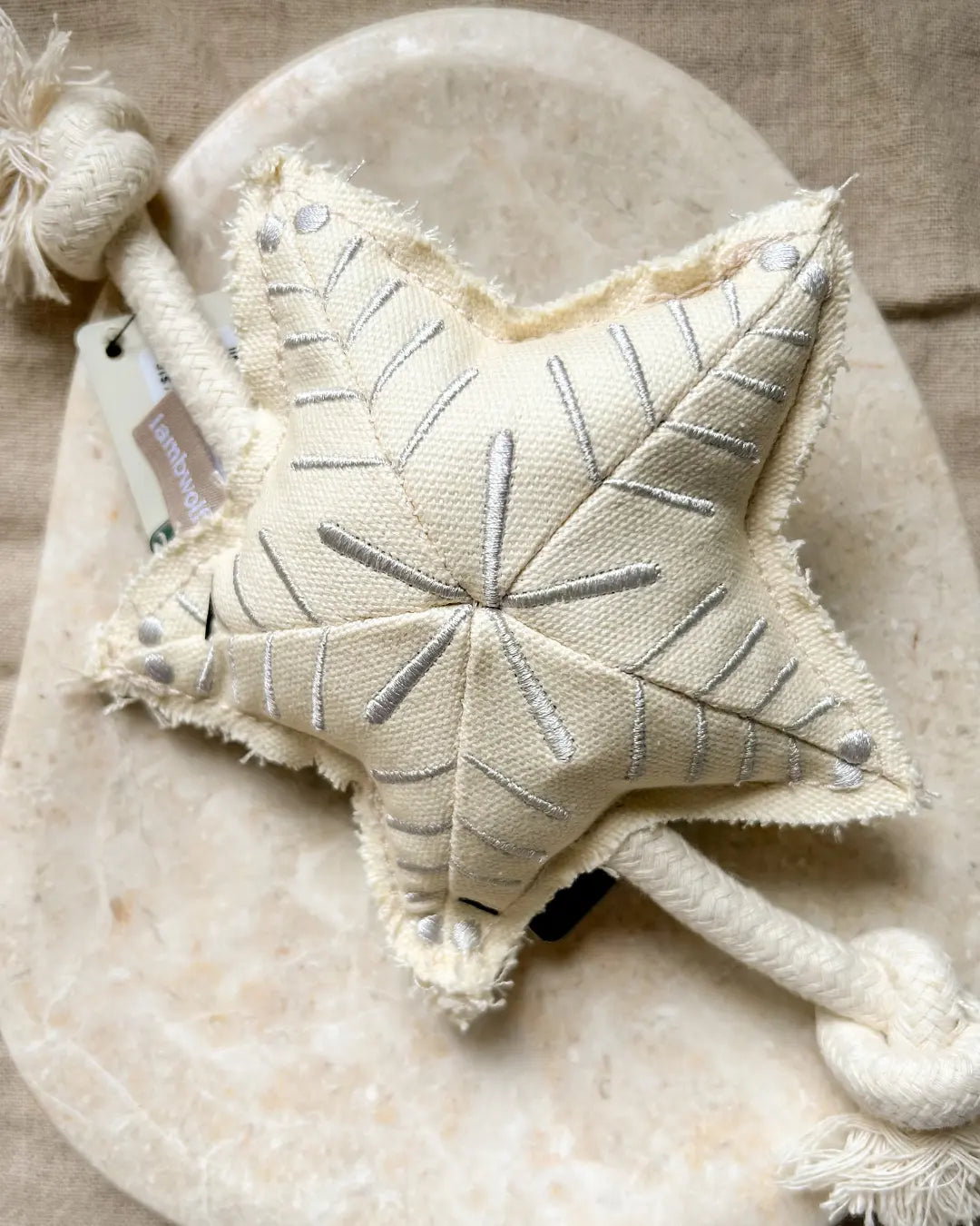Star-shaped fabric dog toy with rope on a stone surface