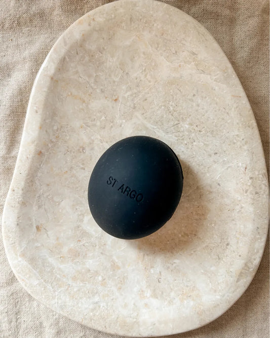 Black luxury silicone dog treat pouch with 'ST. ARGO' branding on a beige stone surface