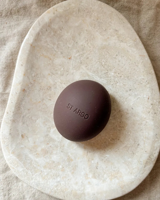 Brown luxury silicone dog treat pouch with 'ST ARGO' branding on a beige stone surface