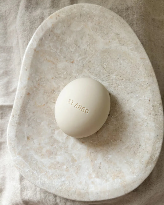 Beige silicone dog treat pouch with 'ST ARGO' branding on a beige stone surface